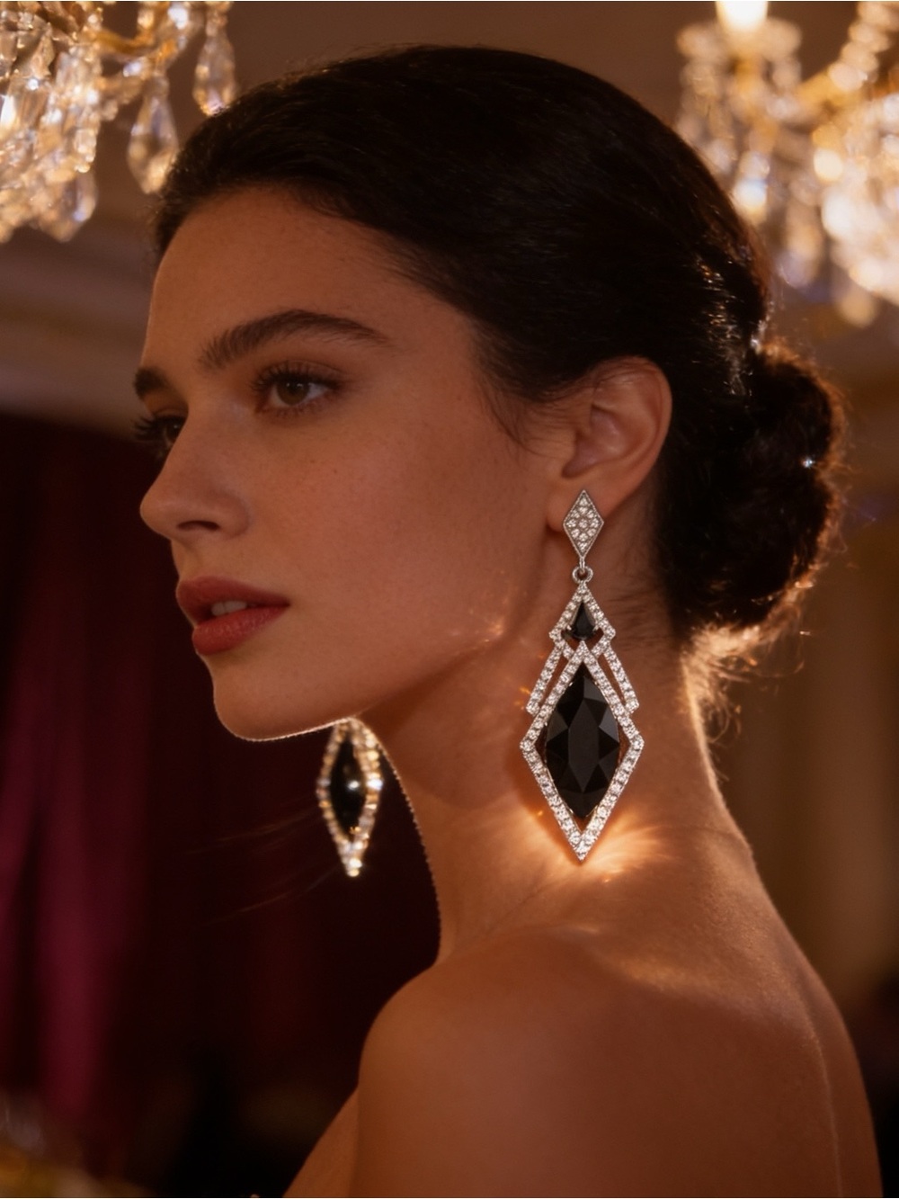 Geometric Rhombus Crystal Long Drop Earrings Black Rhinestone Statement